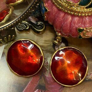 Retro Button Clip-On Earrings - Fiery Red Enamel & Gold Tone